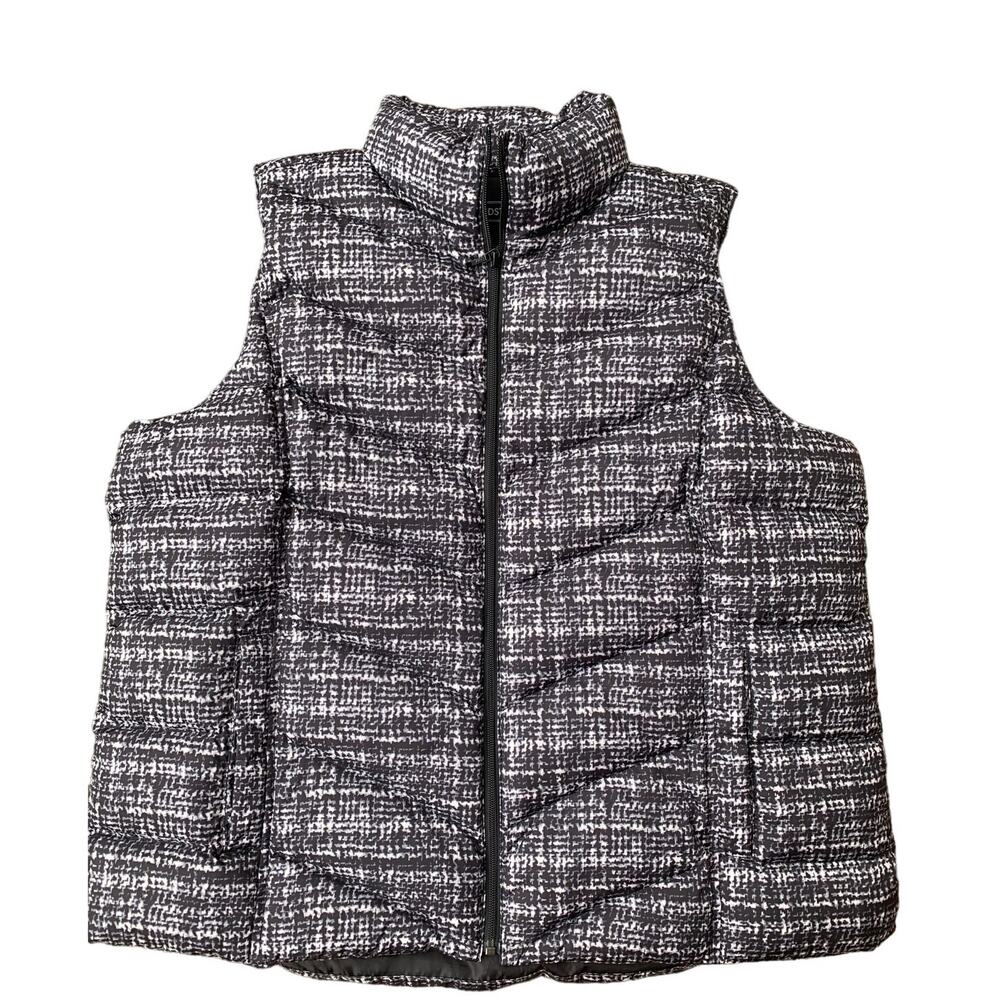 Lands End Down Puffer Vest Womens 1X Black White Digitized Pattern Quilted
